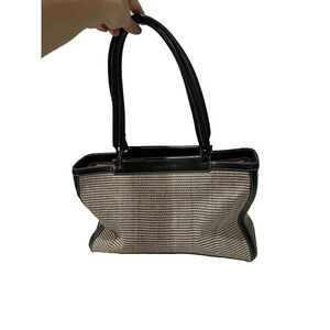 Tusk Womens Beige Black Shoulder Tote Bag Natural Woven Double Handle Large